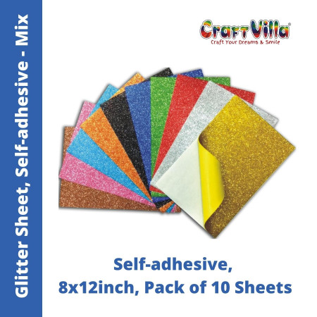 CraftVilla Glitter Sheet A4 - Self Adhesive - Pack of 10 Mix Colours