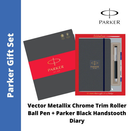 Parker Vector Metallix Chrome Trim Roller Ball Pen + Parker Black Handstooth Diary (MRP - Rs. 749)