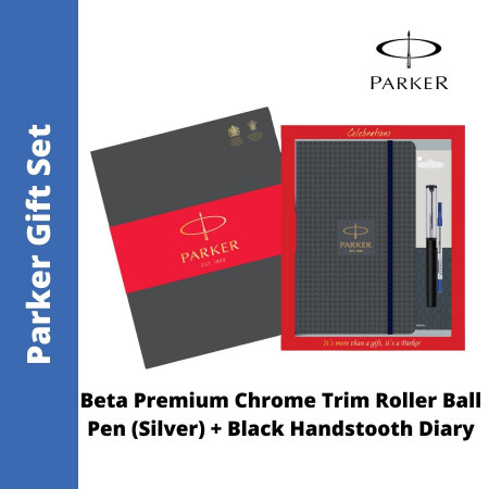 Parker Beta Premium Chrome Trim Roller Ball Pen (Silver) + Black Handstooth Diary (MRP -Rs. 499)