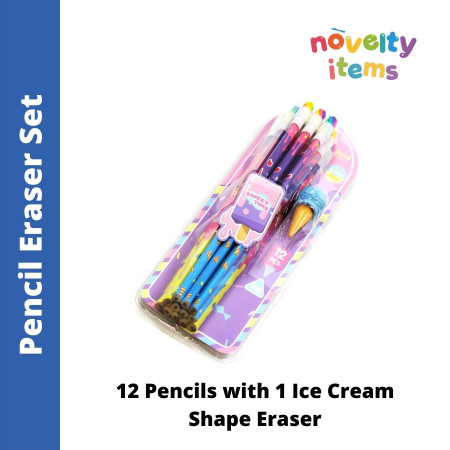 Pencil Eraser Set - 12 Pencils + 1 Ice Cream Shape Eraser (MC121206)