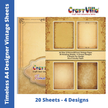 Craftvilla Timeless A4 Designer Vintage Sheets - 20 Sheets of 4 Designs