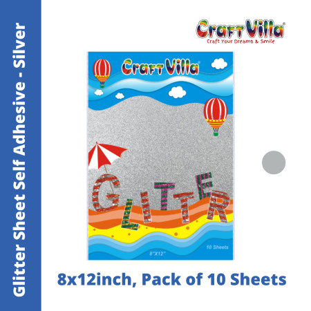CraftVilla Glitter Sheet A4 - Self adhesive - Pack of 10 Sliver Colour